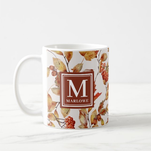 Autumn Orange Leaves Watercolor Monogram Coffee Mug (Left)