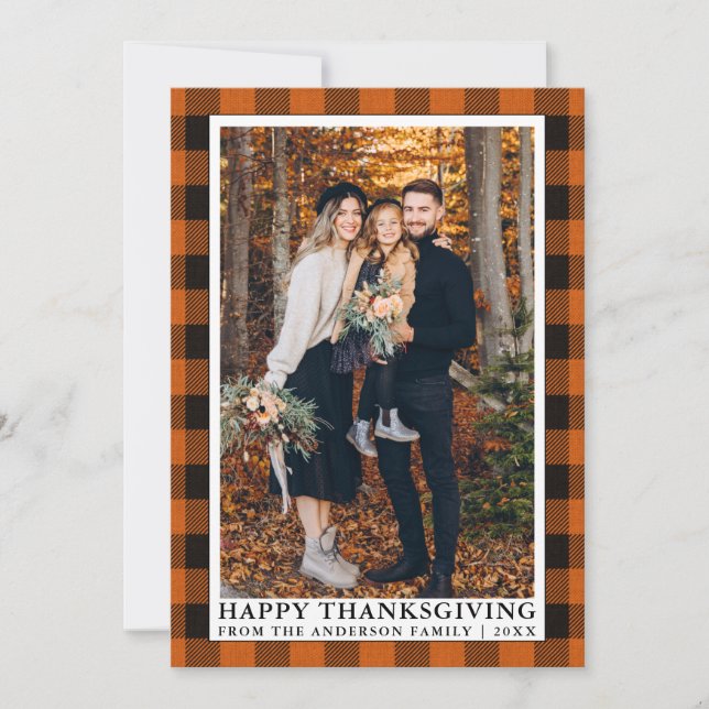 Autumn Orange Plaid Photo Happy Thanksgiving  Holiday Card (Front)