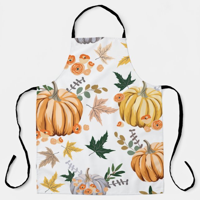 Autumn orange pumpkin and flowers pattern apron (Front)