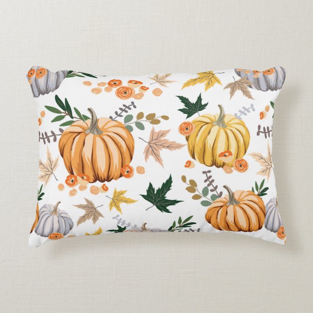 Autumn orange pumpkin and flowers pattern decorative cushion (Front)