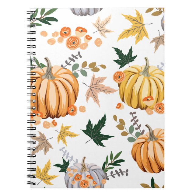 Autumn orange pumpkin and flowers pattern notebook (Front)