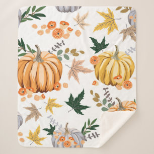 Autumn orange pumpkin and flowers pattern sherpa blanket
