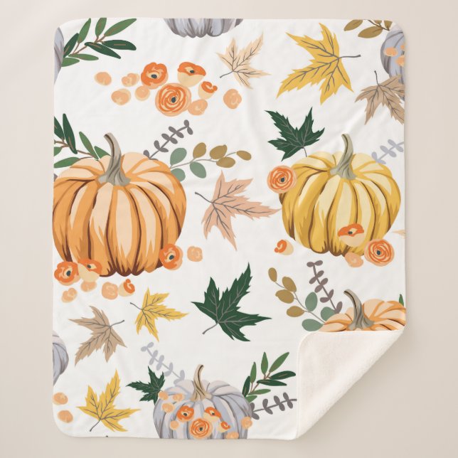 Autumn orange pumpkin and flowers pattern sherpa blanket (Front)