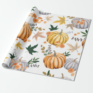 Autumn orange pumpkin and flowers pattern wrapping paper