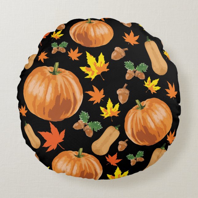 Autumn Orange Pumpkin Fall Pattern Round Cushion (Front)