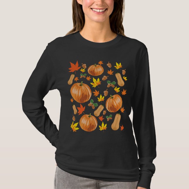 Autumn Orange Pumpkin Fall Pattern T-Shirt (Front)