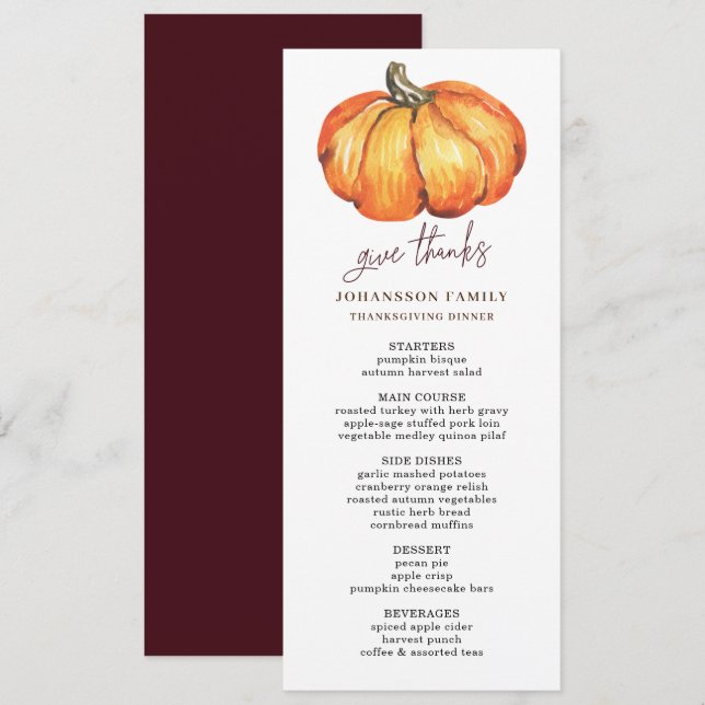 AUTUMN ORANGE PUMPKIN THANKSGIVING DINNER MENU (Front/Back)