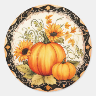Autumn Orange Pumpkins Floral  Classic Round Sticker