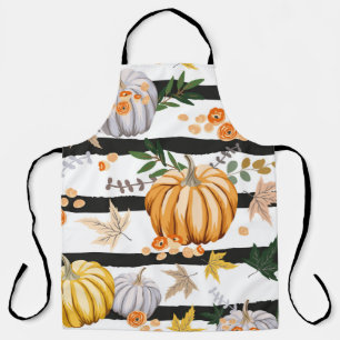 Autumn orange pumpkins, flowers, leaves, striped b apron