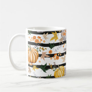 Autumn orange pumpkins, flowers, leaves, striped b coffee mug