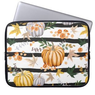 Autumn orange pumpkins, flowers, leaves, striped b laptop sleeve