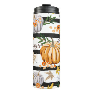 Autumn orange pumpkins, flowers, leaves, striped b thermal tumbler