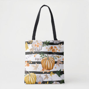 Autumn orange pumpkins, flowers, leaves, striped b tote bag