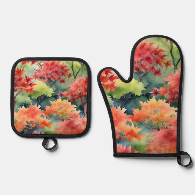 Autumn Orange Red Japanese Maple Trees Oven Mitt & Pot Holder Set (Front)