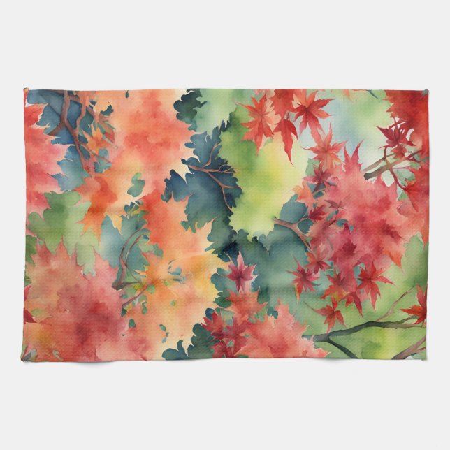 Autumn Orange Red Japanese Maple Trees Tea Towel (Horizontal)