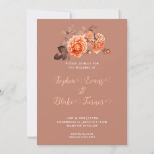 Autumn Orange Roses Bouquet Brown Wedding Invitation