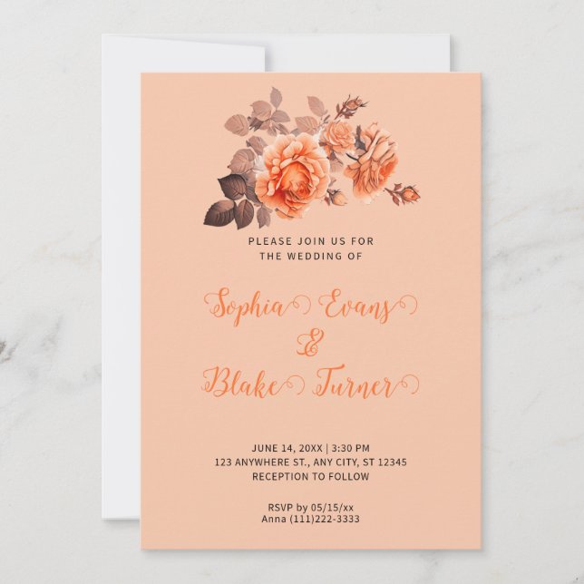 Autumn Orange Roses Bouquet Peach Wedding Invitation (Front)