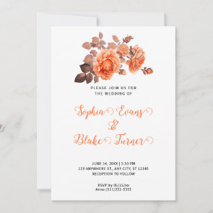 Autumn Orange Roses Bouquet White Wedding Invitation