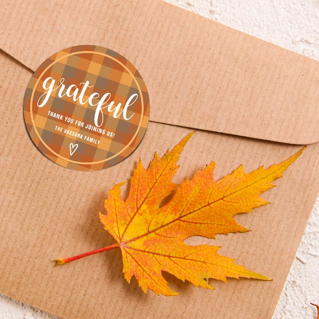 Autumn Orange Tartan Plaid Grateful Personalised Classic Round Sticker (Autumn Orange Tartan Plaid Grateful Personalized Classic Round Sticker)