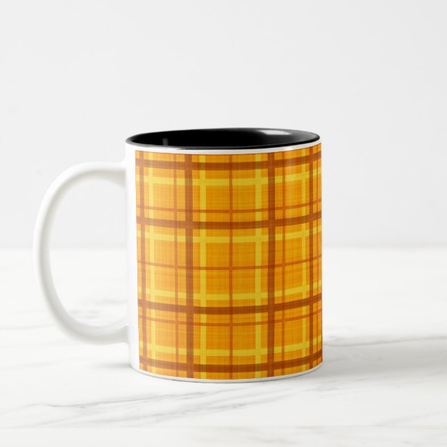 Autumn Orange Yellow Plaid Pattern Two-Tone Coffee Mug (Left)