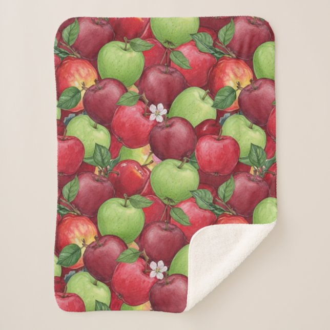 Autumn Orchard Harvest Watercolor Apple Pattern Sherpa Blanket (Front)