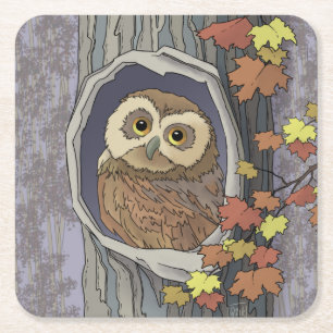  Autumn Owl and Fall Colours   Square Paper Coaste Coaster