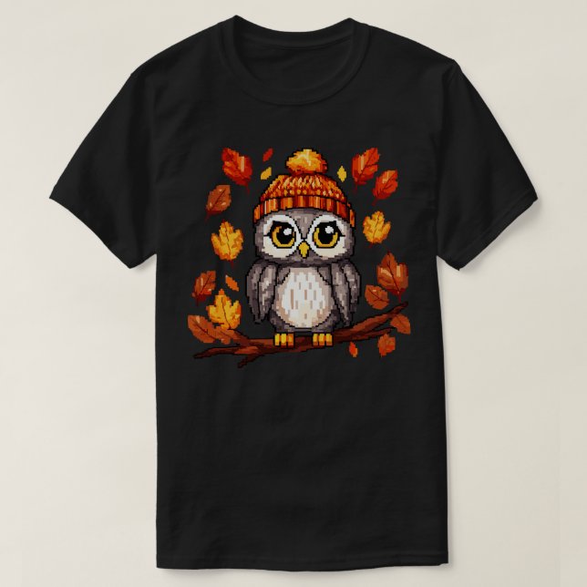 autumn owl in a knitted beanie hat pixel art 1 T-Shirt (Design Front)