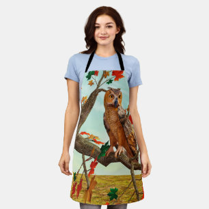 Autumn Owl Maple Tree Wildlife Art Apron