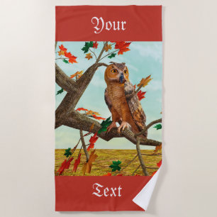 Autumn Owl Maple Tree Wildlife Art Beach Towel