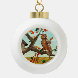 Autumn Owl Maple Tree Wildlife Art Ceramic Ball Christmas Ornament