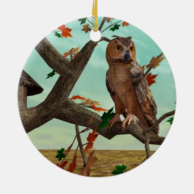 Autumn Owl Maple Tree Wildlife Art Ceramic Tree Decoration (Back)