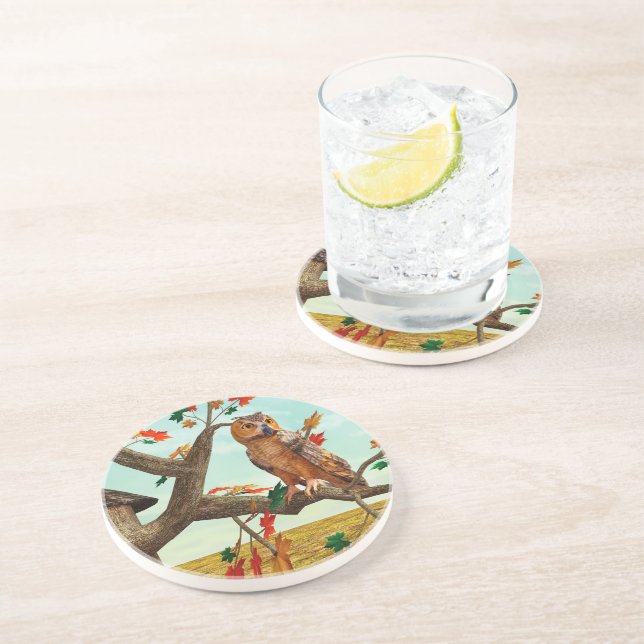 Autumn Owl Maple Tree Wildlife Art Coaster (Side)