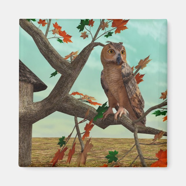 Autumn Owl Maple Tree Wildlife Art Magnet (Front)