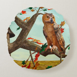 Autumn Owl Maple Tree Wildlife Art Round Cushion