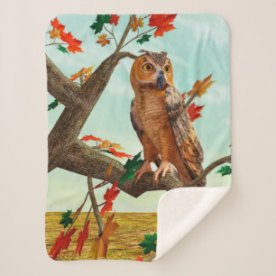 Autumn Owl Maple Tree Wildlife Art Sherpa Blanket