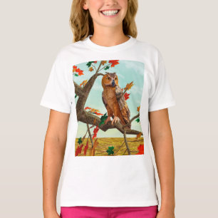 Autumn Owl Maple Tree Wildlife Art T-Shirt