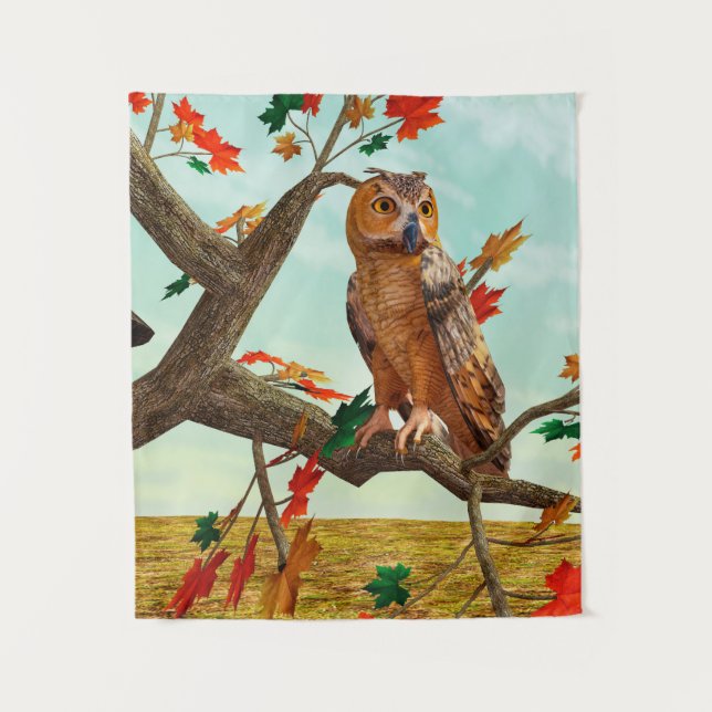 Autumn Owl Maple Tree Wildlife Art Tapestry (Front)