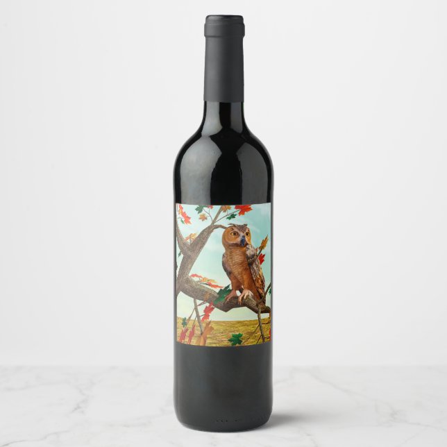 Autumn Owl Maple Tree Wildlife Art Wine Label (Front)