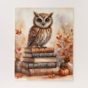 Autumn Owl on Bookstack With Fall Leaves Jigsaw Puzzle