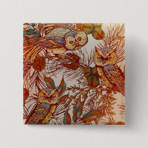 Autumn owl vintage fall pattern orange green blue 15 cm square badge