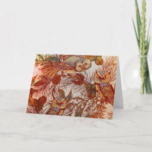 Autumn owl vintage fall pinecone orange brown card