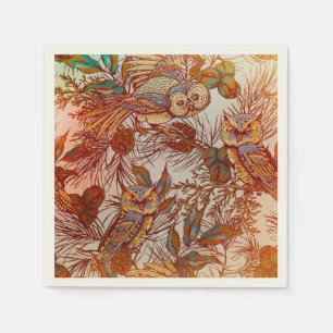 Autumn owl vintage rustic orange blue green pine napkin