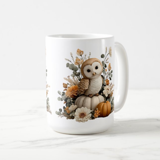 Autumn Owl with Pumpkins Halloween Art Coffee Mug (Front Right)