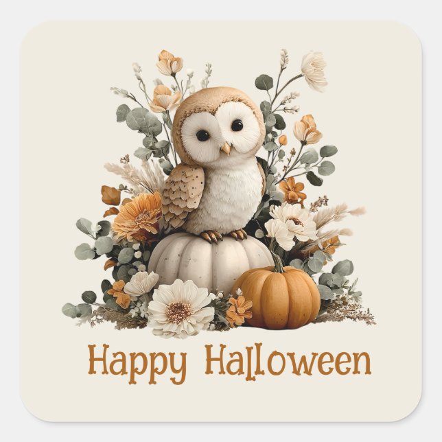 Autumn Owl with Pumpkins Halloween Art Square Sticker (Front)