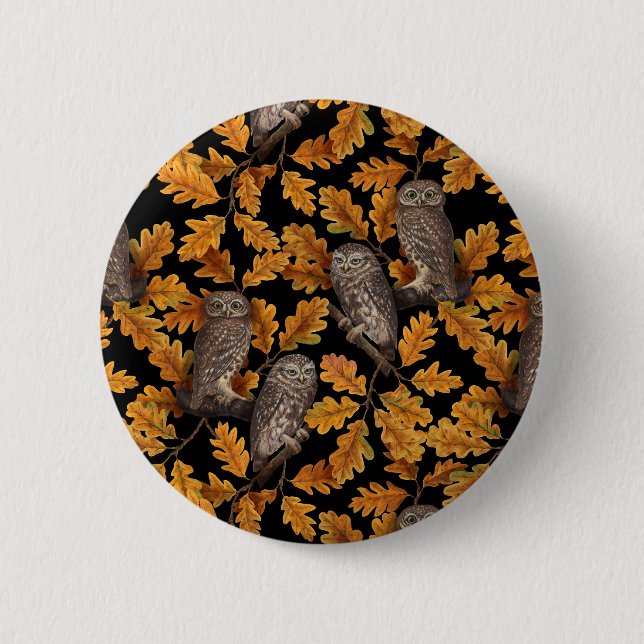Autumn owls on black 6 cm round badge (Front)