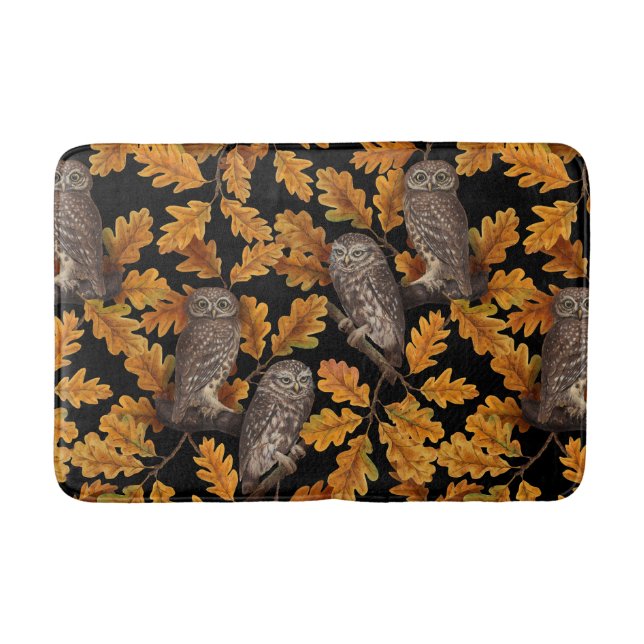 Autumn owls on black bath mat (Front)