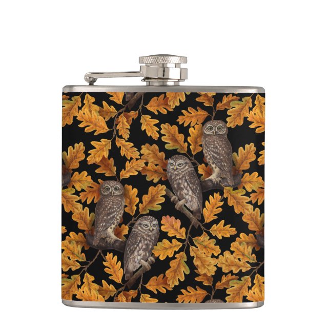 Autumn owls on black hip flask (Front)