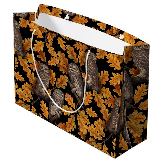 Autumn owls on black large gift bag (Back Angled)