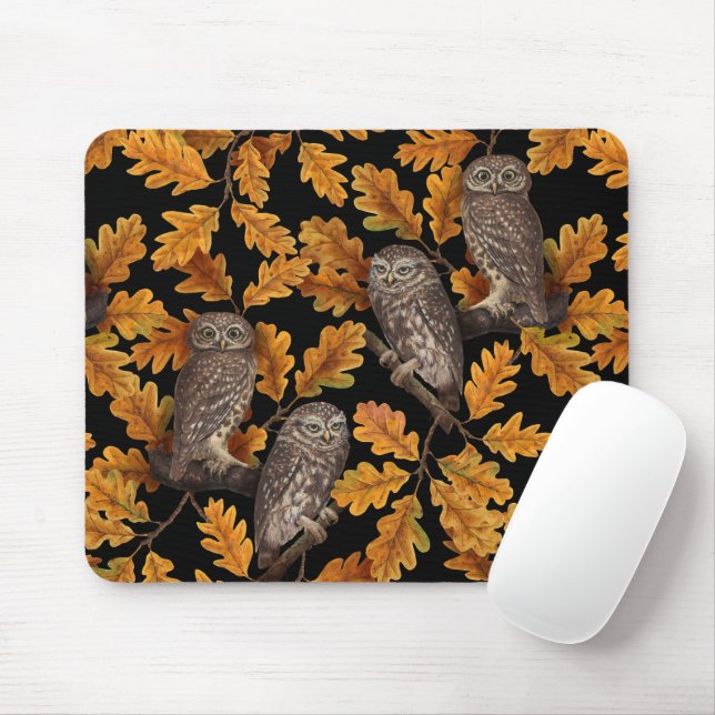 Autumn owls on black mouse mat (With Mouse)