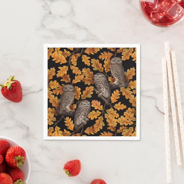 Autumn owls on black napkin (Insitu)
